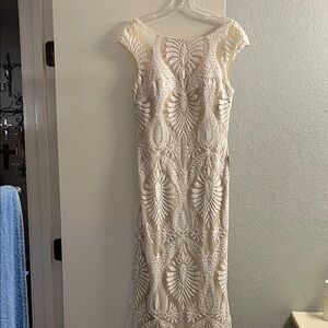 Elegant Ivory/Cream Lace Maxi Dress with Sheer Overlay